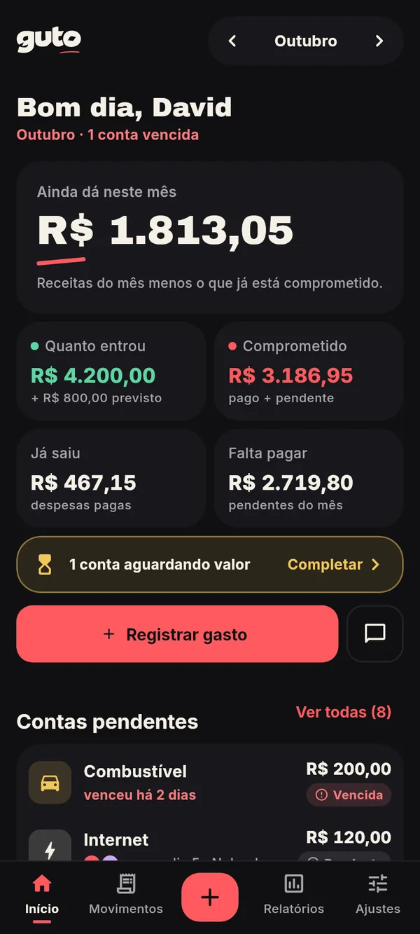Tela inicial do Guto: ainda dá R$ 1.813,05 neste mês, com quanto entrou, o comprometido, o que já saiu e o que falta pagar.